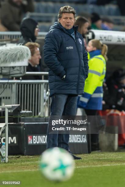 Head coach Jeff Saibene of Bielefeld looks on during the Second Bundesliga match between Arminia Bielefeld and Union Berlin at SchuecoArena on...