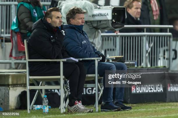 Assistant coach Carsten Rump of Bielefeld and Head coach Jeff Saibene of Bielefeld look on during the Second Bundesliga match between Arminia...