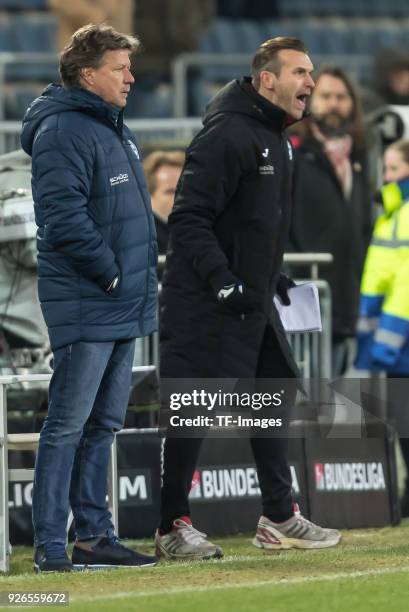 Head coach Jeff Saibene of Bielefeld looks on during the Second Bundesliga match between Arminia Bielefeld and Union Berlin at SchuecoArena on...