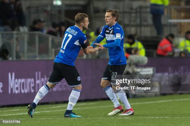 Christoph Hemlein of Bielefeld comes on as a substitute for Konstantin Kerschbaumer of Bielefeld during the Second Bundesliga match between Arminia...