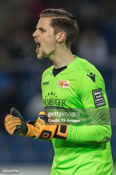 Goalkeeper Daniel Mesenhoeler of Berlin gestures during the Second Bundesliga match between Arminia Bielefeld and Union Berlin at SchuecoArena on...