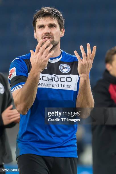 Florian Dick of Bielefeld gestures after the Second Bundesliga match between Arminia Bielefeld and Union Berlin at SchuecoArena on February 5, 2018...