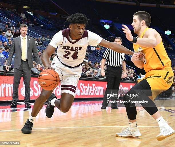 Missouri State forward Alize Johnson drives the baseline during a Missouri Valley Conference Basketball Tournament game between the Missouri State...