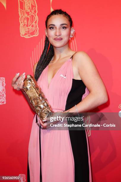 Camelia Jordana poses with the Cesar award for Best Female Newcomer for 'Le Brio' during the Cesar Film Awards at Salle Pleyel on March 2, 2018 in...