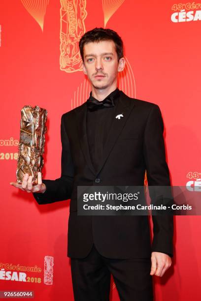 Nahuel Perez Biscayart poses with the Cesar award for Best Male Newcomer for '120 Battements par Minute' during the Cesar Film Awards at Salle Pleyel...