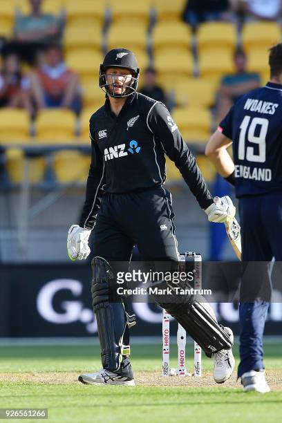 New Zealand player Martin Guptill is dismissed during game three of the One Day International series between New Zealand and England at Westpac...