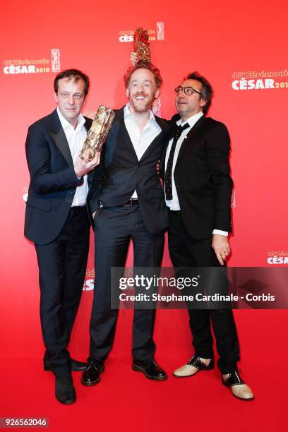 Olivier Mauvezin, Nicolas Moreau and Stephane Thiebaut pose with the Cesar award for Best Sound for 'Barbara' during the Cesar Film Awards at Salle...