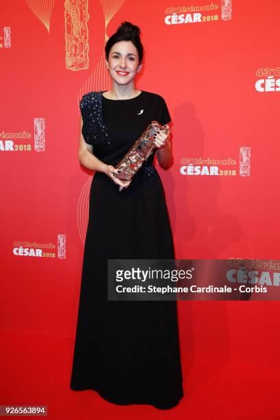 Alice Vidal poses with the Cesar award for Best Short Film for 'Les Bigorneaux' during the Cesar Film Awards at Salle Pleyel on March 2, 2018 in...