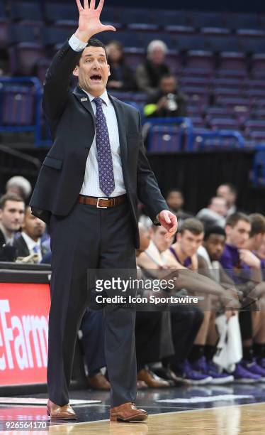 Basketball coach Ben Jacobsen during a Missouri Valley Conference Basketball Tournament game between the Evansville Purple Aces and the UNI Panthers...