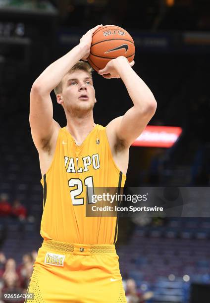 Valparaiso center Derrik Smits puts up a freethrow during a Missouri Valley Conference Basketball Tournament game between the Missouri State Bears...