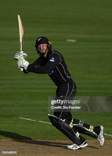 New Zealand batsman Martin Guptill hits out during the 3rd ODI between New Zealand and England at Westpac stadium on March 3, 2018 in Wellington, New...