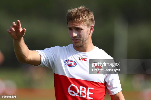 Kieren Jack of the Swans warms up before the AFL JLT Community Series match between the Brisbane Lions and the Sydney Swans at Moreton Bay Central...