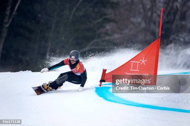 Tomoka Takeuchi of Japan in action during the Ladies' Snowboard Parallel Giant Slalom competition at Phoenix Snow Park on February 24, 2018 in...
