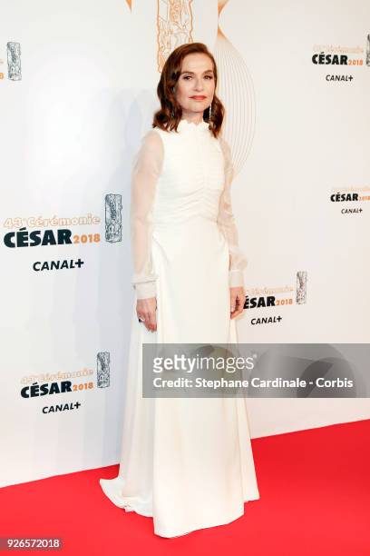 Isabelle Huppert arrives at the Cesar Film Awards 2018 at Salle Pleyel at Le Fouquet's on March 2, 2018 in Paris, France.