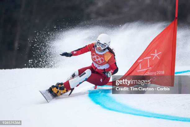 Aleksandra Krol of Poland in action during the Ladies' Snowboard Parallel Giant Slalom competition at Phoenix Snow Park on February 24, 2018 in...