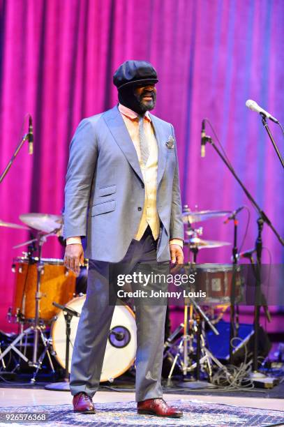 Singer, songwriter, and actor Gregory Porter performs onstage during the Jazz Roots at The Adrienne Arsht Center for the Performing Arts - Knight...