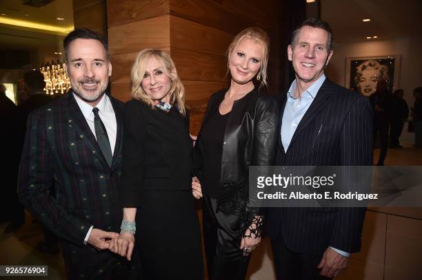 David Furnish, Judith Light, Sandra Lee and Stephen Flynn attend a cocktail party hosted by the Elton John AIDS Foundation and BBVA Compass to...