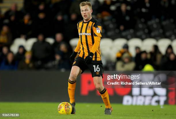 Hull City's Sebastian Larsson on the ball during the Sky Bet Championship match between Hull City and Barnsley at KCOM on February 27, 2018 in Hull,...