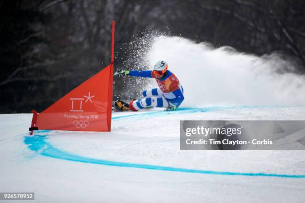 Roland Fischnaller of Italy in action during the Men's Snowboard Parallel Giant Slalom competition at Phoenix Snow Park on February 24, 2018 in...