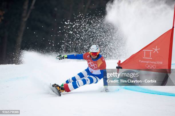 Roland Fischnaller of Italy in action during the Men's Snowboard Parallel Giant Slalom competition at Phoenix Snow Park on February 24, 2018 in...