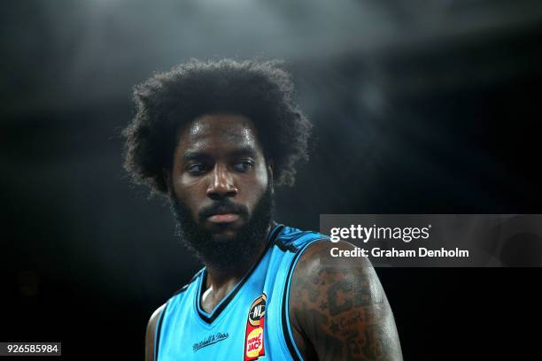 Rakeem Christmas of the Breakers looks on during game one of the NBL Semi Final series between Melbourne United and the New Zealand Breakers at...