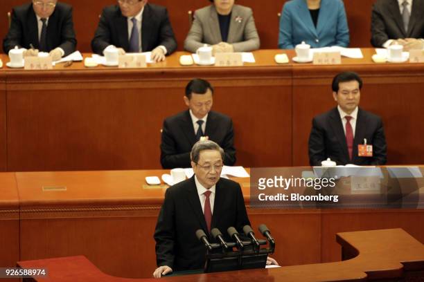 Yu Zhengsheng, chairman of the Chinese People's Political Consultative Conference , speaks during the opening of the first session of the 13th CPPCC...