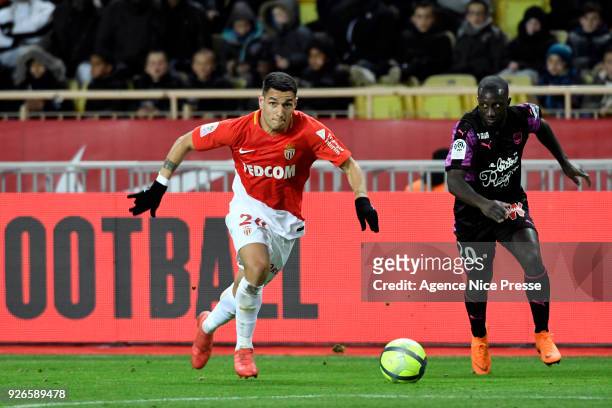 Rony Lopes of Monaco and Youssouf Sabaly of Bordeaux during the Ligue 1 match between AS Monaco and FC Girondins de Bordeaux at Stade Louis II on...