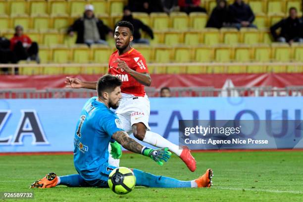 Thomas Lemar of Monaco and Benoit Costil of Bordeaux during the Ligue 1 match between AS Monaco and FC Girondins de Bordeaux at Stade Louis II on...