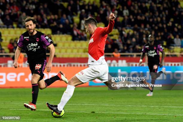 Stevan Jovetic of Monaco scores a goal during the Ligue 1 match between AS Monaco and FC Girondins de Bordeaux at Stade Louis II on March 2, 2018 in...