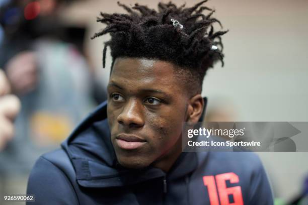 Middle Tennessee State wide receiver Richie James answers questions from the media during the NFL Scouting Combine on March 02, 2018 at Lucas Oil...