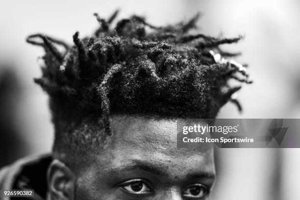 Middle Tennessee State wide receiver Richie James answers questions from the media during the NFL Scouting Combine on March 02, 2018 at Lucas Oil...