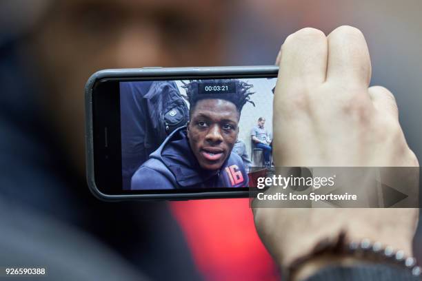 Middle Tennessee State wide receiver Richie James answers questions from the media during the NFL Scouting Combine on March 02, 2018 at Lucas Oil...