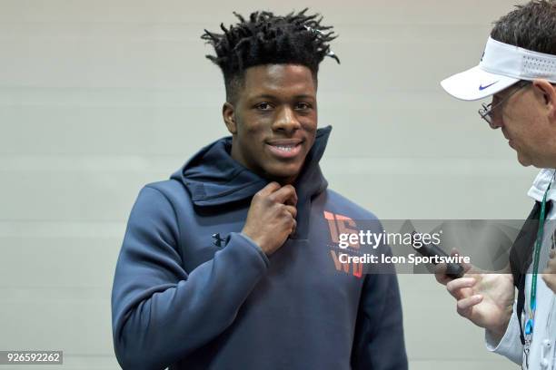 Middle Tennessee State wide receiver Richie James answers questions from the media during the NFL Scouting Combine on March 02, 2018 at Lucas Oil...
