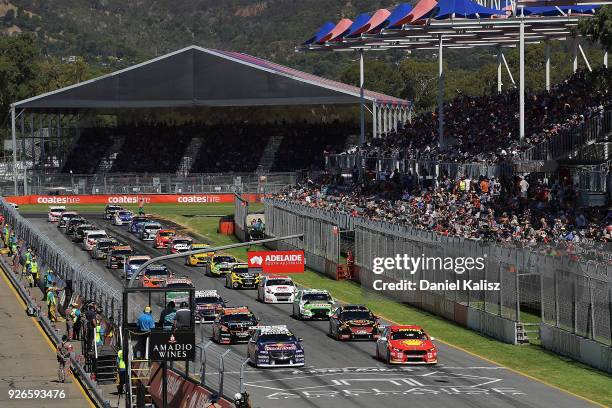 The cars line up on the grid during race 1 for the Supercars Adelaide 500 on March 2, 2018 in Adelaide, Australia.