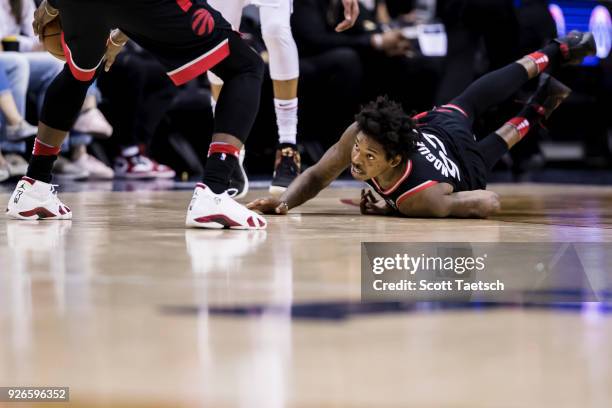 Lucas Nogueira of the Toronto Raptors looks up from the court during the first half against the Washington Wizards at Capital One Arena on March 2,...