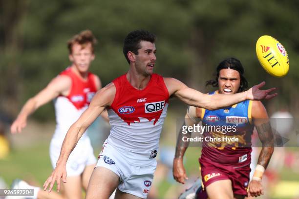 Robbie Fox of the Swans in action during the AFL JLT Community Series match between the Brisbane Lions and the Sydney Swans at Moreton Bay Central...