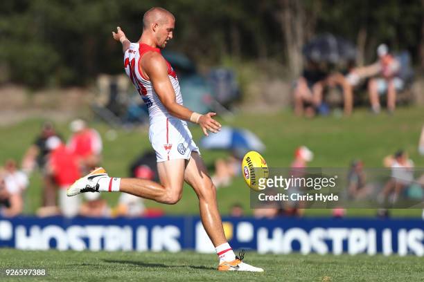 Sam Reid of the Swans kicks during the AFL JLT Community Series match between the Brisbane Lions and the Sydney Swans at Moreton Bay Central Sports...