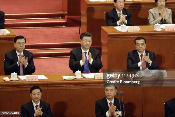 Zhang Dejiang, chairman of the Standing Committee of the National People's Congress, second row left, Xi Jinping, China's president, second row...