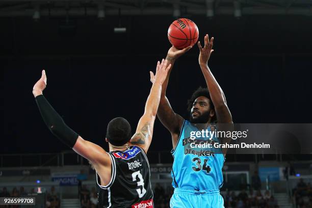 Rakeem Christmas of the Breakers shoots during game one of the NBL Semi Final series between Melbourne United and the New Zealand Breakers at Hisense...