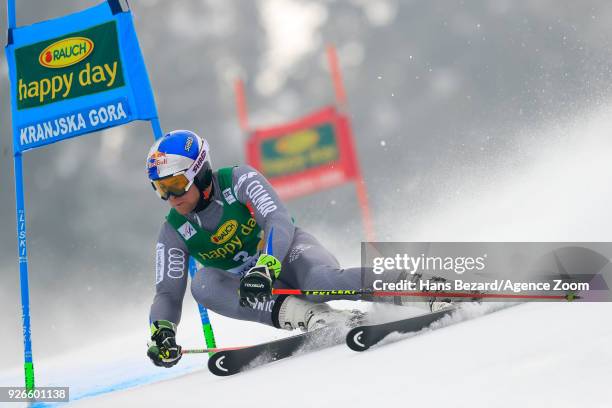 Alexis Pinturault of France competes during the Audi FIS Alpine Ski World Cup Men's Giant Slalom on March 3, 2018 in Kranjska Gora, Slovenia.