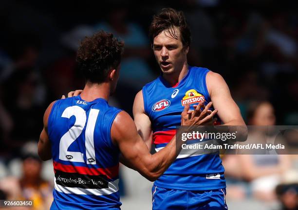 Tom Liberatore and Liam Picken of the Bulldogs celebrate during the AFL 2018 JLT Community Series match between the Western Bulldogs and the Hawthorn...