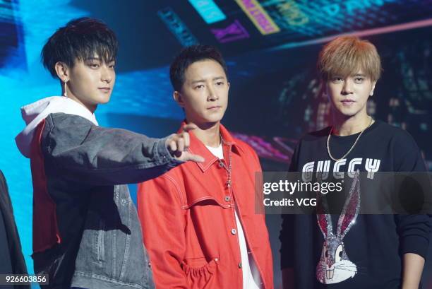 Actor Huang Zitao, actor Han Geng and actor and singer Show Lo attend the press conference of variety show 'Street Dance of China' on March 2, 2018...