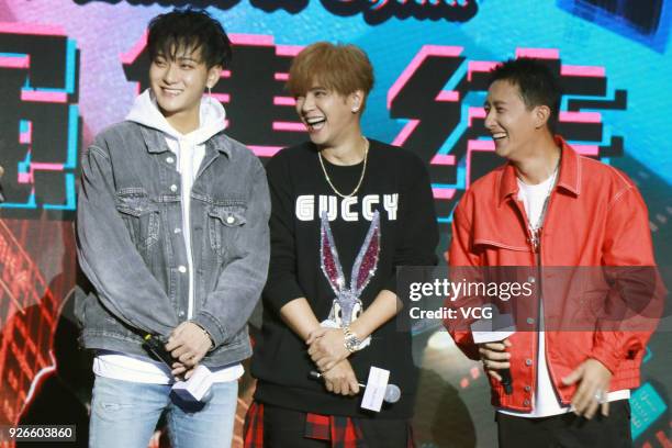 Actor Huang Zitao, actor and singer Show Lo and actor Han Geng attend the press conference of variety show 'Street Dance of China' on March 2, 2018...