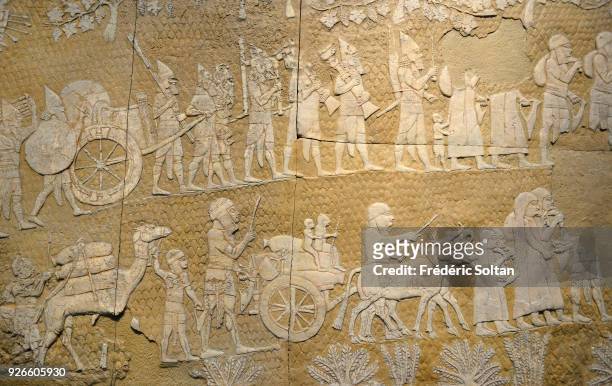 The Israel Museum located in Jerusalem. Bas-relief illustrating the jewish exodus by the babylonians in the 6th century BC on May 22, 2014 in...