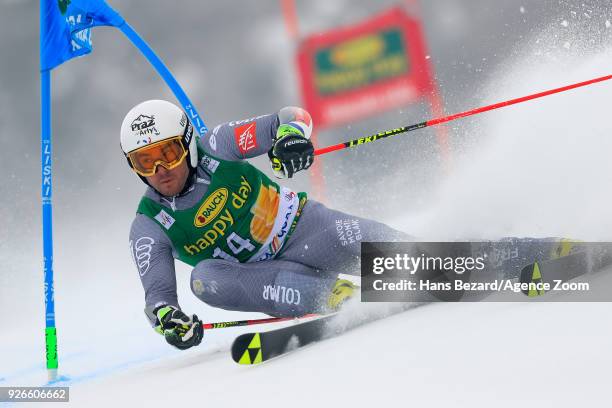 Thomas Fanara of France competes during the Audi FIS Alpine Ski World Cup Men's Giant Slalom on March 3, 2018 in Kranjska Gora, Slovenia.