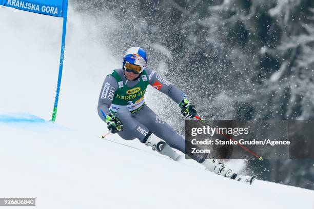 Alexis Pinturault of France competes during the Audi FIS Alpine Ski World Cup Men's Giant Slalom on March 3, 2018 in Kranjska Gora, Slovenia.