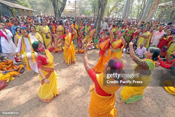 Student of Visva-Bharati University enjoying Basanta Utsav to mark 'Holi' . Rabindranath Tagore first Nobel Laureate of Asia introduced Basanta Utsav...