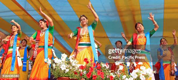 Students of Visva-Bharati University are performing on the stage to celebrate "Basanta Utsav" to mark 'Holi' . Rabindranath Tagore first Nobel...