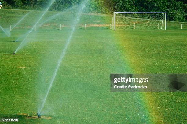 サッカーサッカーフィールド、目標に公園 - sprinkler system ストックフォトと画像