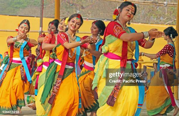 Students of Visva-Bharati University are performing on the stage to celebrate "Basanta Utsav" to mark 'Holi' . Rabindranath Tagore first Nobel...